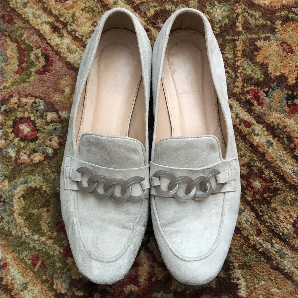 J Crew Light Taupe Suede Loafers with Lucite Chain Detail